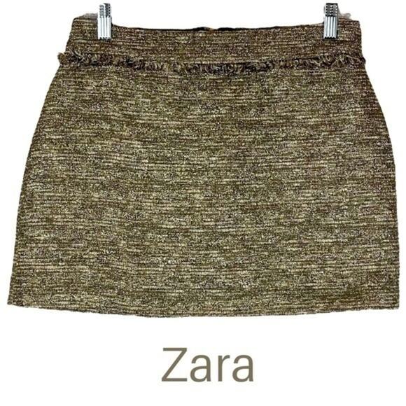 Zara White Black & Metallic Gold Tweed Disco Diva Mini Skirt Size M - Picture 1 of 9